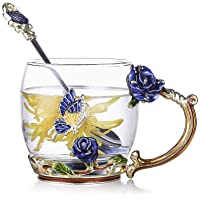 Evecase -Esmalte Hecha a Mano Cristal Taza-Taza de Té y Café- Motivo 3D de Mariposas y Flores-Regalos Originales para…